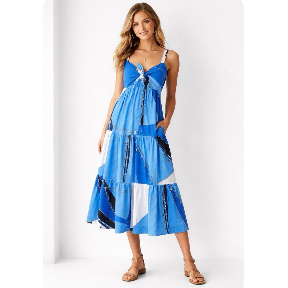J. Crew Factory Blue and White Tiered Midi Dress